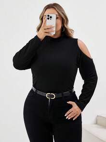 SHEIN CURVE+ Casual Simple Slim Cold Shoulder Plus Size Turtleneck T-Shirt, Autumn/Winter - Black - View 10