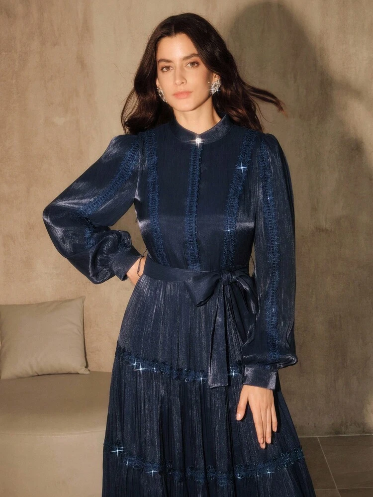 Anewsta Women's Chiffon Round Neck Lace Patchwork Long Sleeve Dress, Autumn/Winter - Royal Blue - View 7