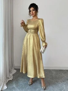 Elenzga 女士编织优雅长款秋季金色连衣裙 - 金色 - 查看 3