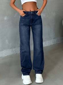 SHEIN Tall HIGH RISE STRAIGHT CUT LIGHT BLUE JEAN TALL - Dark Wash - View 6