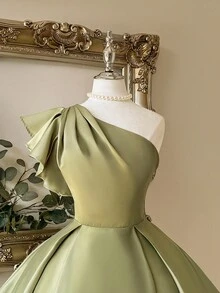 Lovelzi Elegant Luxury Asymmetrical Neck Cap Sleeve Ruched Satin Dress, Suitable For Weddings, Parties, Vacations, Bridal Gifts, Special Occasions, For Bride