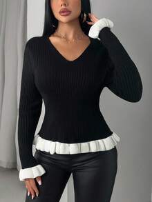 EURMUSE 女士荷叶边下摆罗纹针织 V 领套头衫 - 黑色 - 查看 3