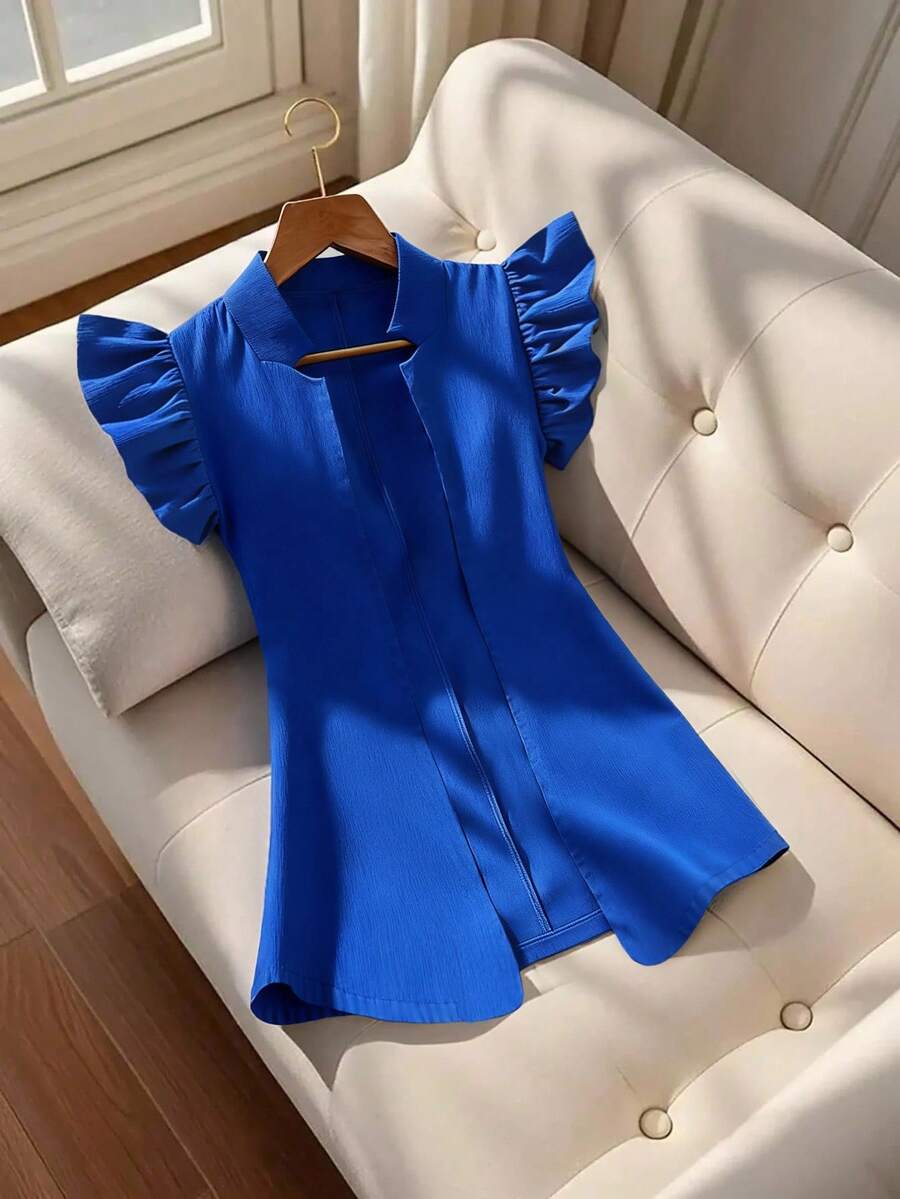 Franclia Chaqueta ligera de mujer de unicolor con mangas cortas y apertura delantera