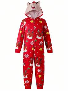 Men's Red Christmas Graphic Long Sleeve Hooded Jumpsuit Loungewear Christmas Family Pajamas Hooded Pajamas, For Fall, Winter