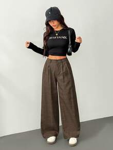SHEIN PETITE Casual Vintage Pleated Plaid Suit Pants, Autumn And Winter Graduation,Back To School,Teacher Outfits For Women Baggy - Coffee Brown - View 8