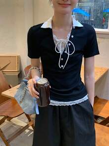 DAZY 女士拼色短袖休闲T恤 - 黑色 - 查看 3