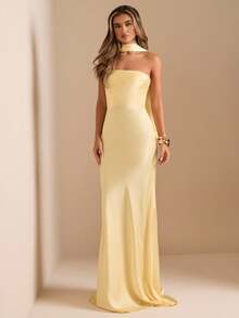 SHEIN BAE Elegant Strapless Backless Dress With Sash, Sexy Solid Color Cream Yellow Formal Gown For Party, Cocktail, Wedding, Birthday, Bridesmaid,Dresses For Women Elegant,New Year Dress ,Elegant Party Dresses,Dresses For Women Elegant - Light Yellow - View 4