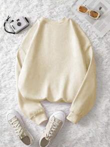 INAWLY Áo nỉ dài tay thêu hình chó Dachshund thường ngày dành cho nữ - Màu be - Xem 2