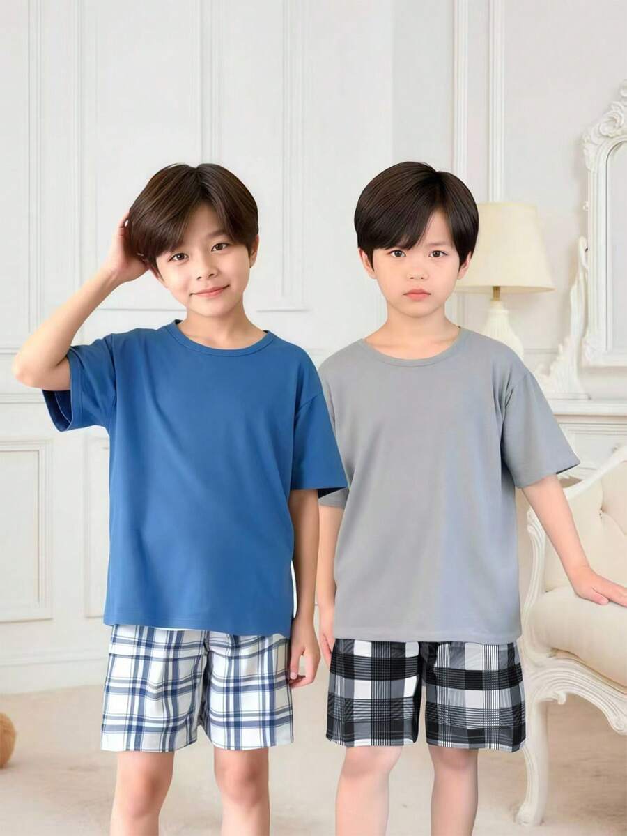 SHEIN 4pcs/Set Boys' Casual Solid Color Short Sleeve Top And Plaid Shorts Loungewear Set, Comfortable And Loose Fit - Grey - View 1