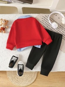 2 件套男童/幼儿男童休闲、时尚、可爱的学院风服装，适合外出、派对、上学、春/秋/冬 - 紅色 - 查看 2