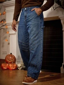 Manfinity Homme Quần jeans ống rộng dáng rộng màu xanh đậm dành cho nam - Rửa trung bình - Xem 7