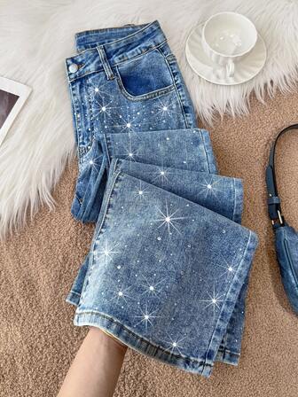 Comfortcana 女式休闲水洗水钻喇叭牛仔裤