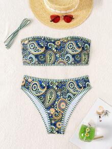 SHEIN Swim 2026 Spring/Summer Women's Paisley Print Bandeau Backless Tie Bikini Set, High Cut Bottoms, Vacation Style