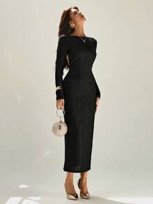 Chiquease Women's Elegant Black Textured Halter Neck Backless Slim Long Dress,Autumn Formal Dinner Evening Clothes For Graduation,Business Office Party Attire - Black - View 3
