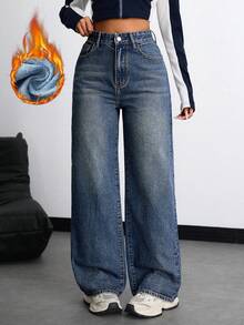 SHEIN EZwear 保暖内衬口袋休闲感恩节圣诞节直筒牛仔裤 - 深色水洗藍 - 查看 5