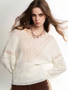 Bloopia Retro Bohemian Chic Casual Personalized Minimalist V-Neck Drop Shoulder Hollow Knit Sweater For Women, Autumn/Winter, Halloween Design