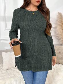 SHEIN Frenchy 大码女式休闲纯色罗纹长袖开衩修身T恤，春秋季 - 綠色 - 查看 2