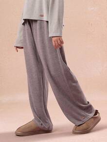 SUMWON Tween Girls Asymmetric One Shoulder Sweatshirt With Varsity Number Print And Striped Wide Leg Pants Co Ord Set For Fall Winter - Grey - View 4
