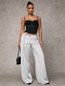 SHEIN BAE Quần ống rộng ống rộng màu xám trơn, thường ngày, đi làm, giải trí, thường ngày, quần ống rộng có dây rút trang trí eo - trắng - Xem 3
