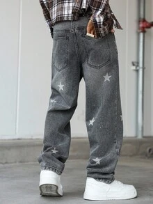 Manfinity Homme 男士休闲斑马纹宽腿宽松牛仔裤 - 深灰色 - 查看 2