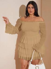 SHEIN BAE Váy mini trễ vai xếp ly xếp lớp màu trắng ngọt ngào và gợi cảm cỡ lớn - Màu be - Xem 7