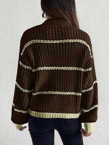 Celisse Striped Pattern Casual Versatile Stand Collar Long Sleeve Pullover Sweater - Coffee Brown - View 2