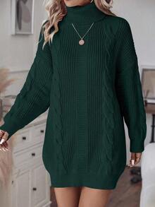 EMERY ROSE Women's Casual Turtleneck Drop Shoulder Long Sleeve Cable Pattern Knit Dress, Autumn/Winter - Dark Green - View 4