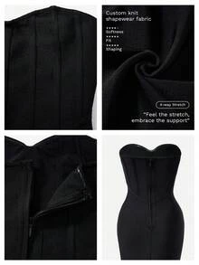 Nuvra 定制塑形面料黑色鱼骨紧身抹胸中长连衣裙，优雅休闲装，适合派对、活动、秋冬穿着 - 黑色 - 查看 4