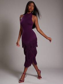 NYA SZN 连衣裙 无袖 高领 流苏细节 修身 紧身 罗纹针织 针织衫 弹力 特殊场合 度假 婚礼 外出 机场 可爱 老钱 秋冬 适合通勤 女士服装 - 紫色 - 查看 7