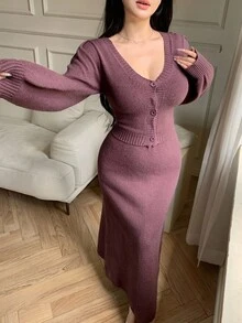 DAZY Damen Set aus einfarbigem, minimalistischem Langarm-Top und Rock, 2-teilig - Violett - Übersicht 8