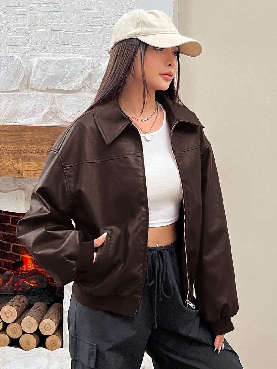 SHEIN EZwear Drop Shoulder Long Sleeve Zip Up Red PU Leather Jacket In Fall/Winter Brown Jacket Women Crop Jacket Jacket Y2k - Chocolate Brown - View 1