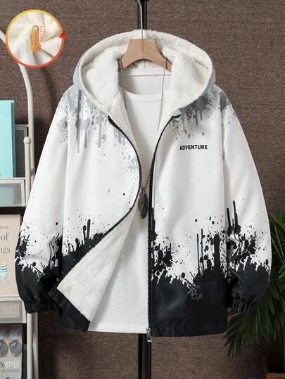 Oversized Boys' Casual Fashionable Black White Grey Spray Paint Letter Print Hoodie Jacket, Loose Fit Comfortable Versatile, Suitable For Autumn, Spring, Winter, Daily Wear, Commuting, Outdoor, Sports, School, Streetwear, Party, Photography Fall