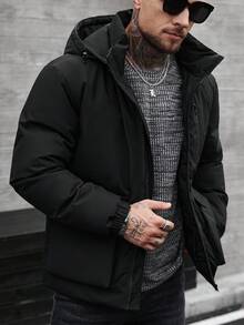 Manfinity CasualCool Men's Padded Coat With Detachable Hood, Lined With Padding, Fall/Winter - Black - View 4