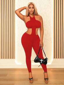 BamGleam Body sexy sem mangas com decote halter e costas nuas de cor sólida