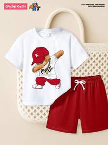 GraphicGems 2 件套幼儿男童酷熊图案圆领短袖白色 T 恤和红色短裤休闲装