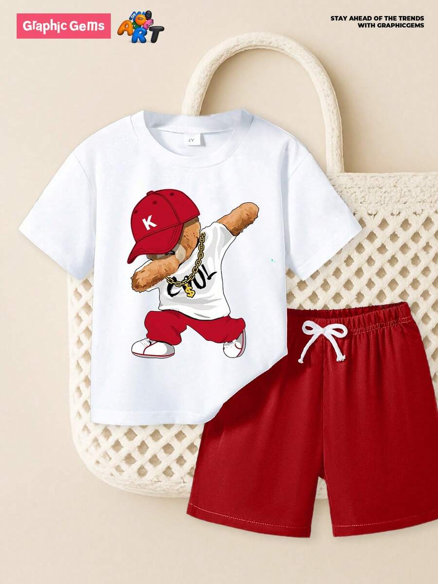 GraphicGems 2 件套幼儿男童酷熊图案圆领短袖白色 T 恤和红色短裤休闲装