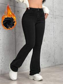 SHEIN PETITE Jeans de mezclilla sencillos y cálidos para uso diario de mujer - Negro - Ver 5