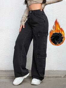 SHEIN EZwear Women's Summer Zipper Fly Flap Pocket Cargo Jeans - Black - View 6