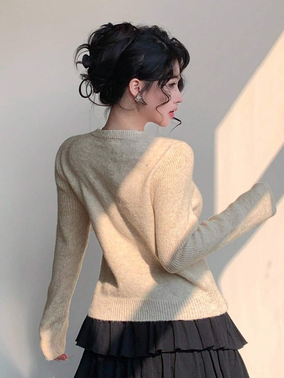 Women's Elegant Colorblock Bow Cardigan, Autumn