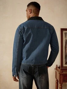 Manfinity Homme 街头休闲洗水黑色修身短款撞色领牛仔夹克，春秋 - 藍色 - 查看 2