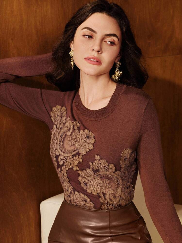 女性用エレガントなレース付きクロシェット編みパッチワークセーター、秋冬、クリスマス、新年会、パーティー、エレガント、高級、フォーマル、シック向け