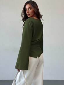 Aloruh Boat Neck Flared Sleeve Cropped Ruched Office Wear Women's Apricot Blouse - Army Green - View 2