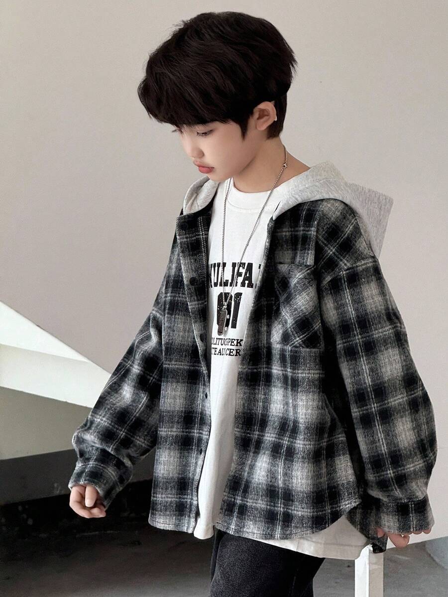 DAZY 男童（大童）格子连帽长袖衬衫