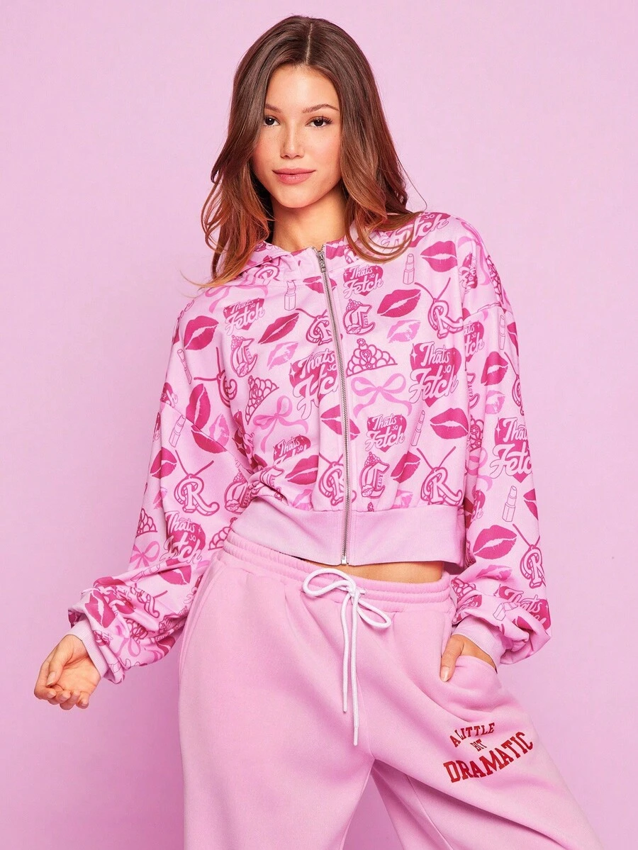 Mean Girls | SHEIN 女士休闲唇印拉链卫衣,秋季款 - 粉色 - 查看 1