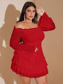 SHEIN BAE Váy mini trễ vai xếp ly xếp lớp màu trắng ngọt ngào và gợi cảm cỡ lớn - Đỏ - Xem 3