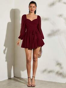 SHEIN BAE 女士轻盈透视蝴蝶结系带灯笼袖开衩纯色连衣裙，适合海滩、度假、日常穿着、约会 - 酒紅色 - 查看 4