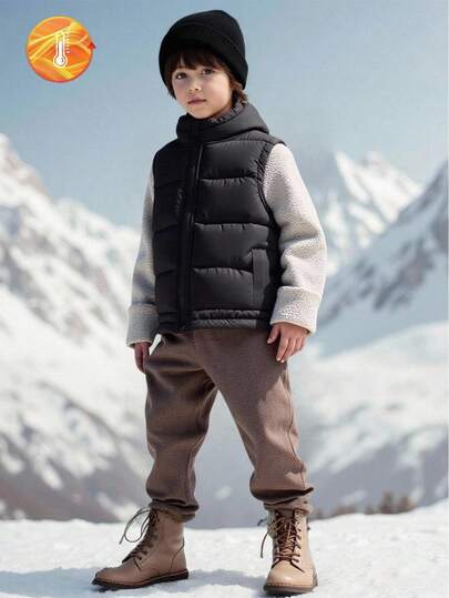 SHEIN 1pc Young Boy Vest, Made Of High-Quality Black Woven Fabric, Quilted In 4 Sections For Even Warmth. Stand Collar Design, Front Zipper Closure For Easy On/Off, Sleeveless Cut For Unrestricted Movement. Simple Sporty Style, Suitable For Kindergarten, School, Outdoor Activities In Autumn/Winter. Can Be Layered Over Sweaters Or Hoodies To Create Fashionable Looks, An Essential Back-To-School Wardrobe Item For Children. Fall