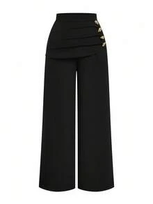 Sweetra Plus Size Women's Design 2 In 1 Metal Buckle Decor Suit Pants, Slimming, Elegant, Versatile, Suitable For Work And Casual Wear, Straight Leg, Autumn/Winter Ruffle Pants Fold Over Pants Black Flare Pants Pants Wide Leg - Black - View 7