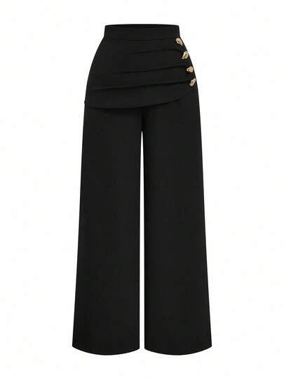 Sweetra Plusstorlek damdesign 2-i-1 metallspänne dekor kostymbyxor, bantning, elegant, mångsidig, lämplig för arbete och fritidskläder, raka ben, höst/vinter