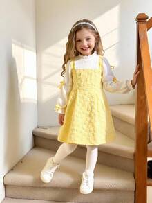 SHEIN Elladie kids 年轻女孩'花卉纹理田园风泡泡袖蝴蝶结装饰黄色连衣裙，秋季 - 黃色 - 查看 1